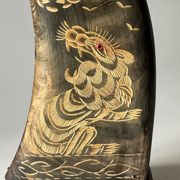 Vintage Hand-Carved Water Buffalo Horn Pair Dragon & Tiger Asian Art Decor - Picture 6 of 11